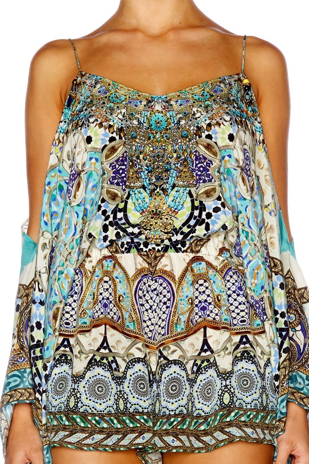 CAMILLA | Meet Me In Casablanca Drop Shoulder Blue Print Playsuit Size 8 | SOLD OUT for rent on The Volte - main image