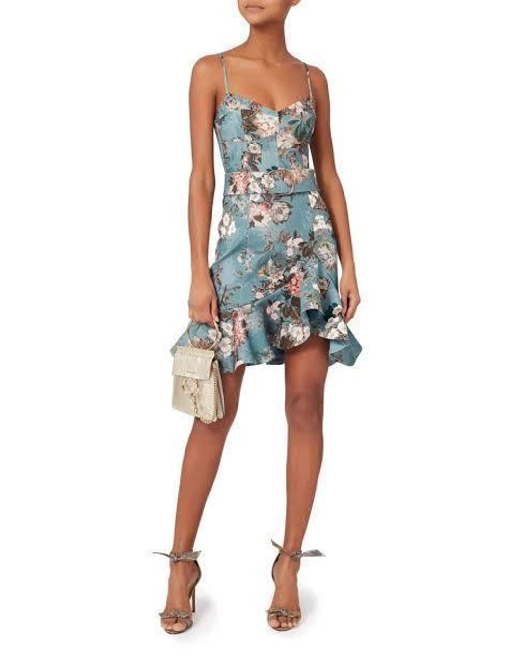 Nicholas Ariel blue floral ruffle mini cocktail dress for rent on The Volte - main image