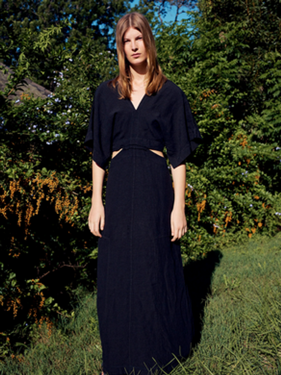 BASSIKE linen v neck longerline dress for rent on The Volte - main image