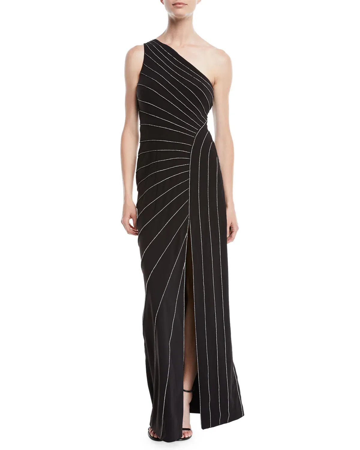 Halston Heritage One-Shoulder Metallic-Trimmed Crepe Gown Size 10 - Image 1