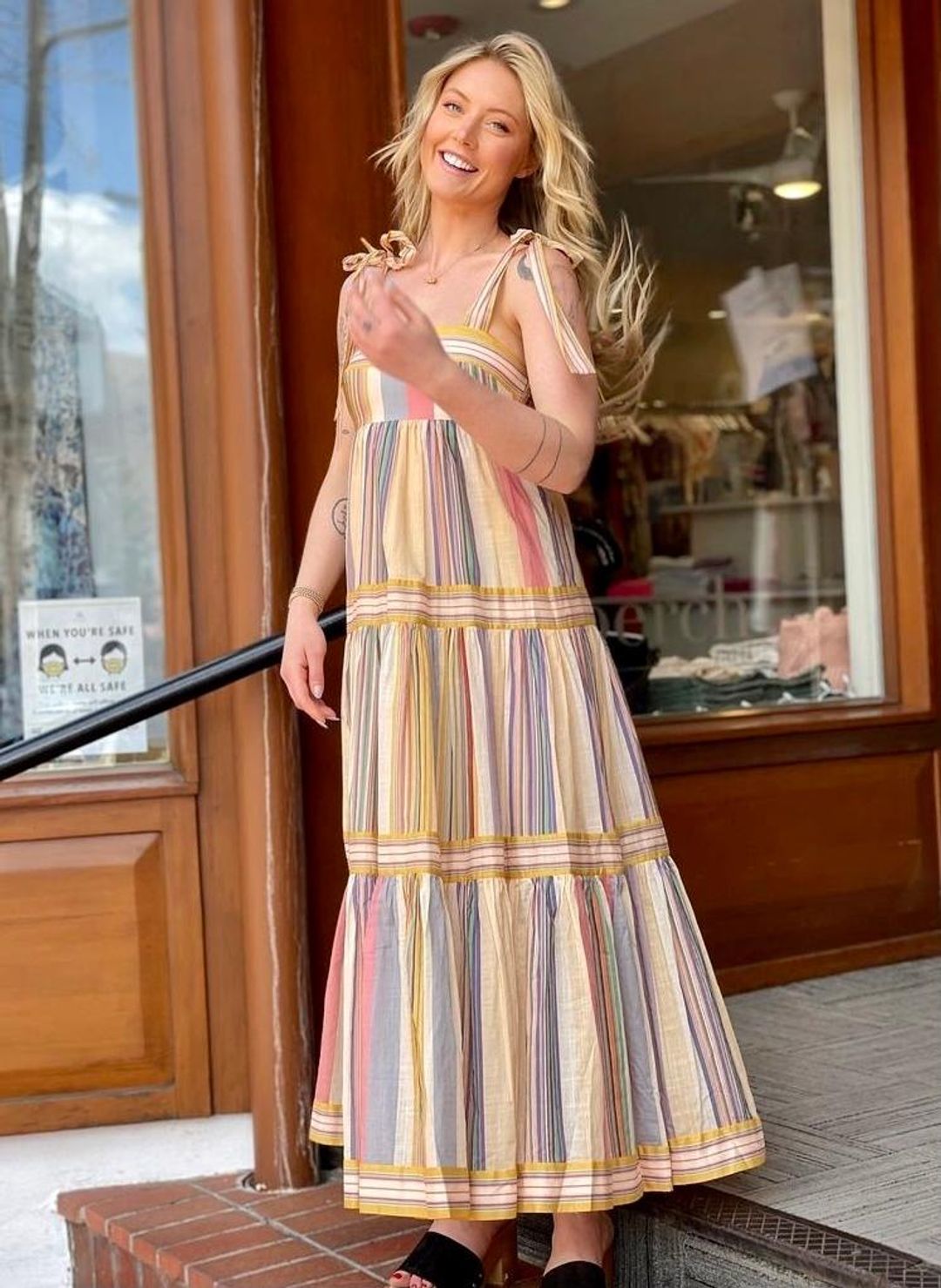 Zimmermann Mae Tie Shoulder Dress Multi Stripe Size 0 / AU 8 for rent on The Volte - main image