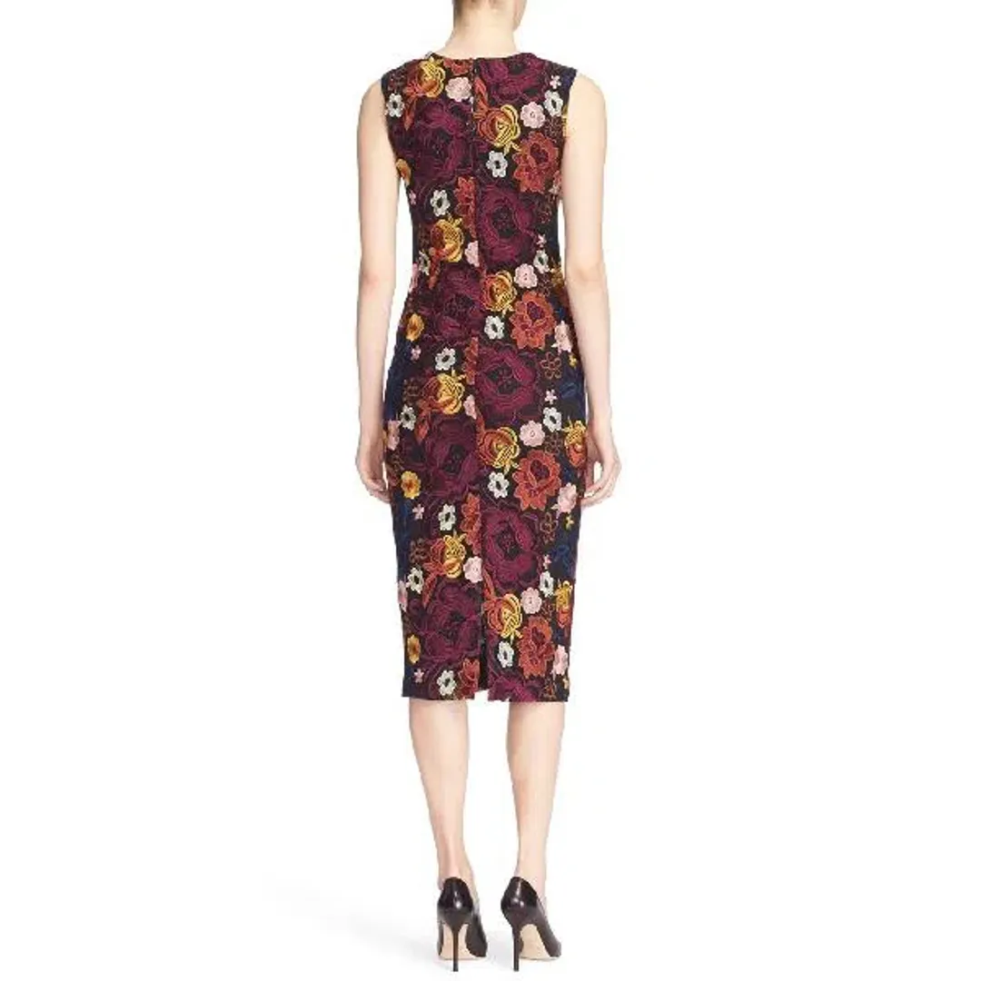 Alice and Olivia Nat Floral Embroidered Sleeveless Midi Sheath Dress Print Size 12 for rent on The Volte - main image