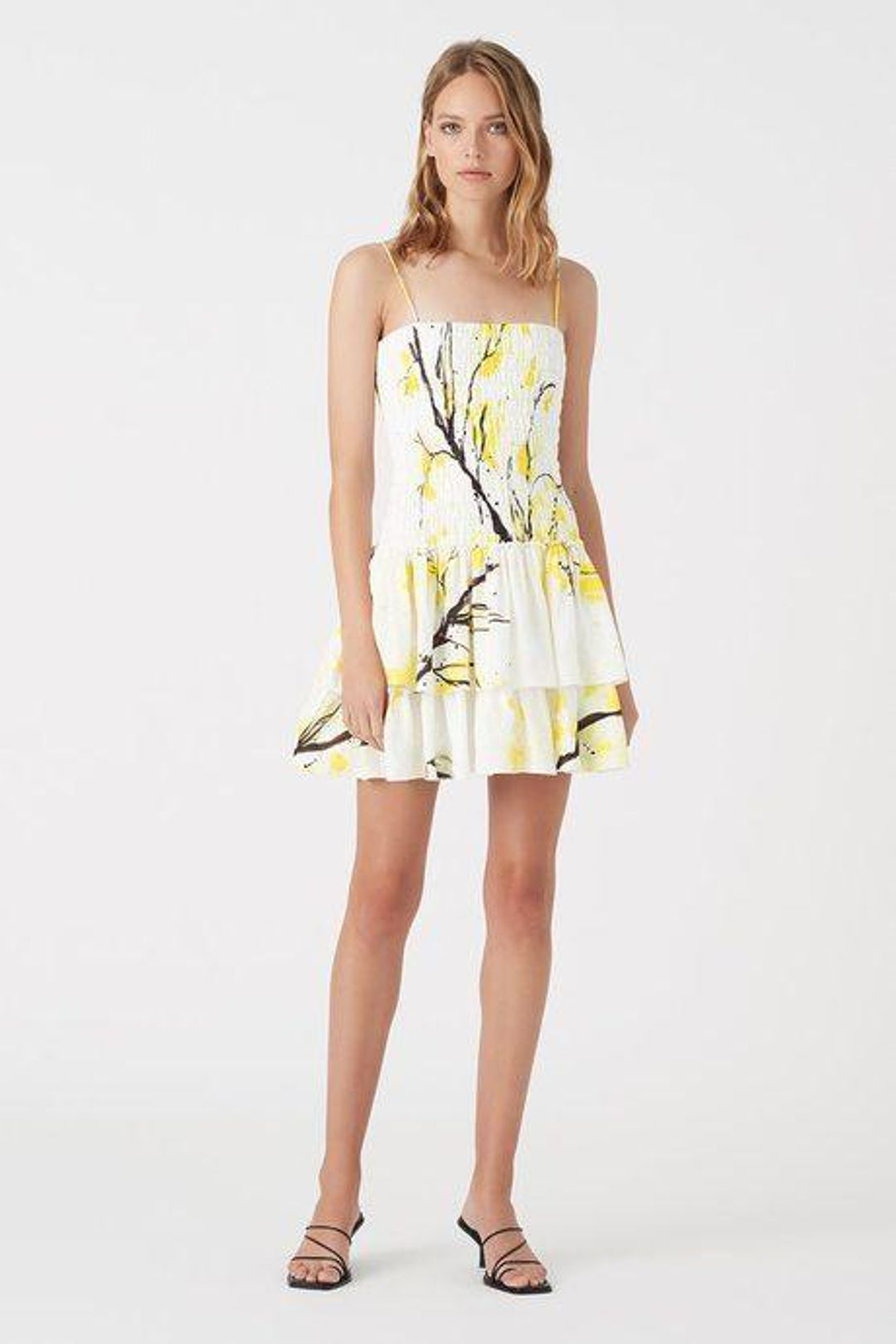 Aje Mimosa Shirred Mini Dress Wattle Print Size 8 for rent on The Volte - main image