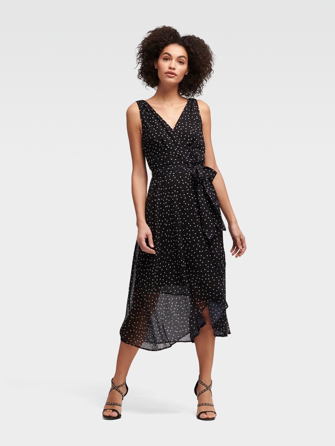 DKNY Sleeveless Ruffle Wrap Dress in Polka Dots Print Size 12 for rent on The Volte - main image