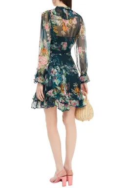 Zimmermann Wavelength Scallop Ruffled Mini Wrap Dress Teal Daphne Floral Size 8 for rent on The Volte - image 3