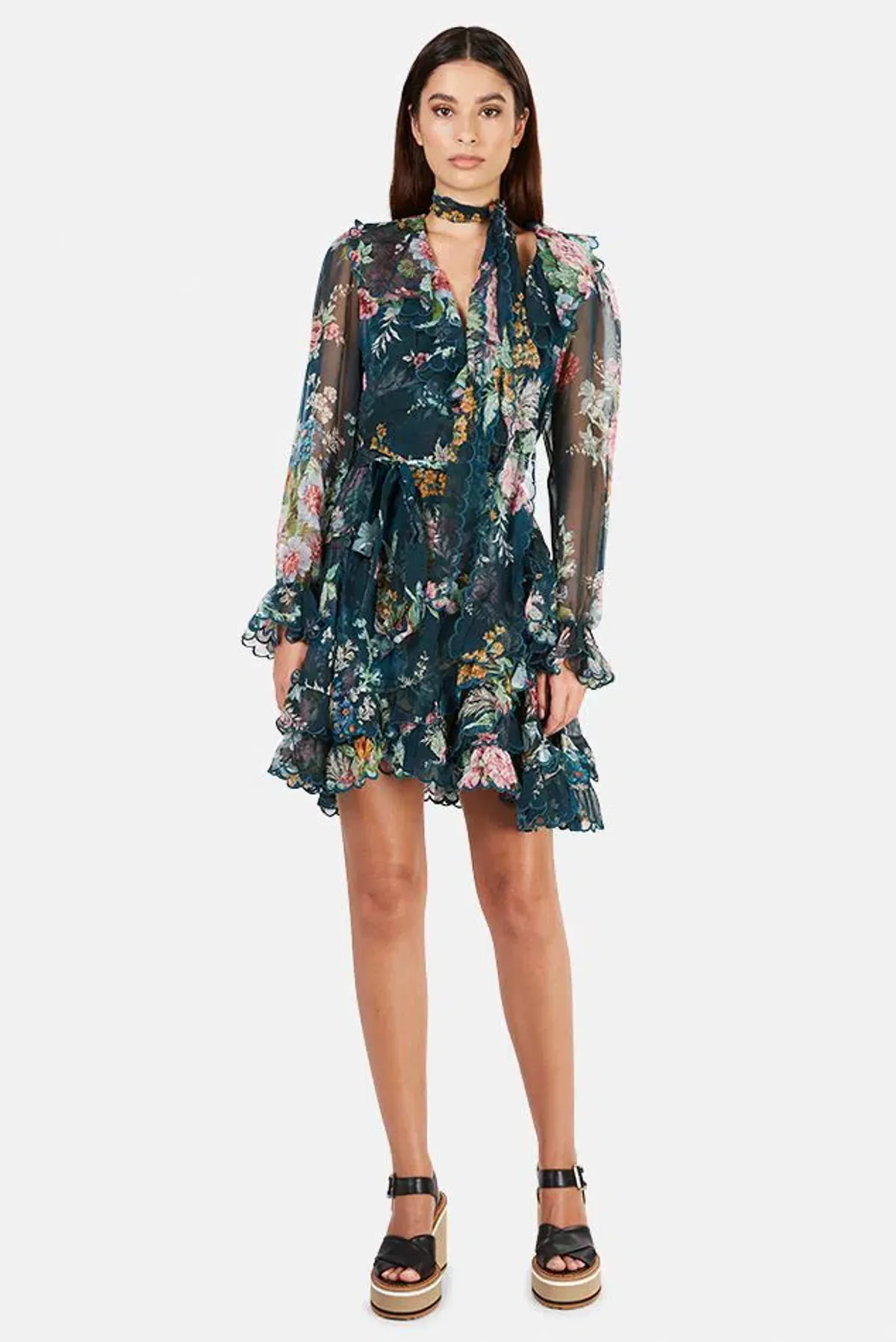 Zimmermann Wavelength Scallop Ruffled Mini Wrap Dress Teal Daphne Floral Size 8 - Image 1