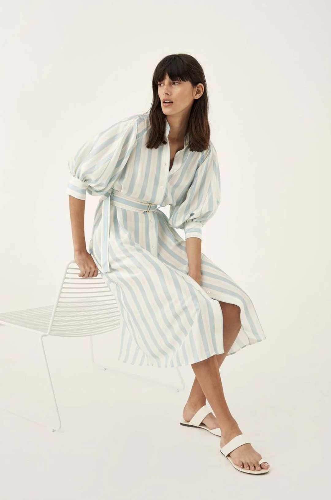 Oroton Silk Stripe Midi Dress with Matching Silk Belt Print Size 8 for rent on The Volte - main image