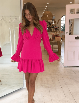 By Johnny Anna V Tulip Sleeve Dress in Punch Me Pink Size: 8 for rent on The Volte - image 1