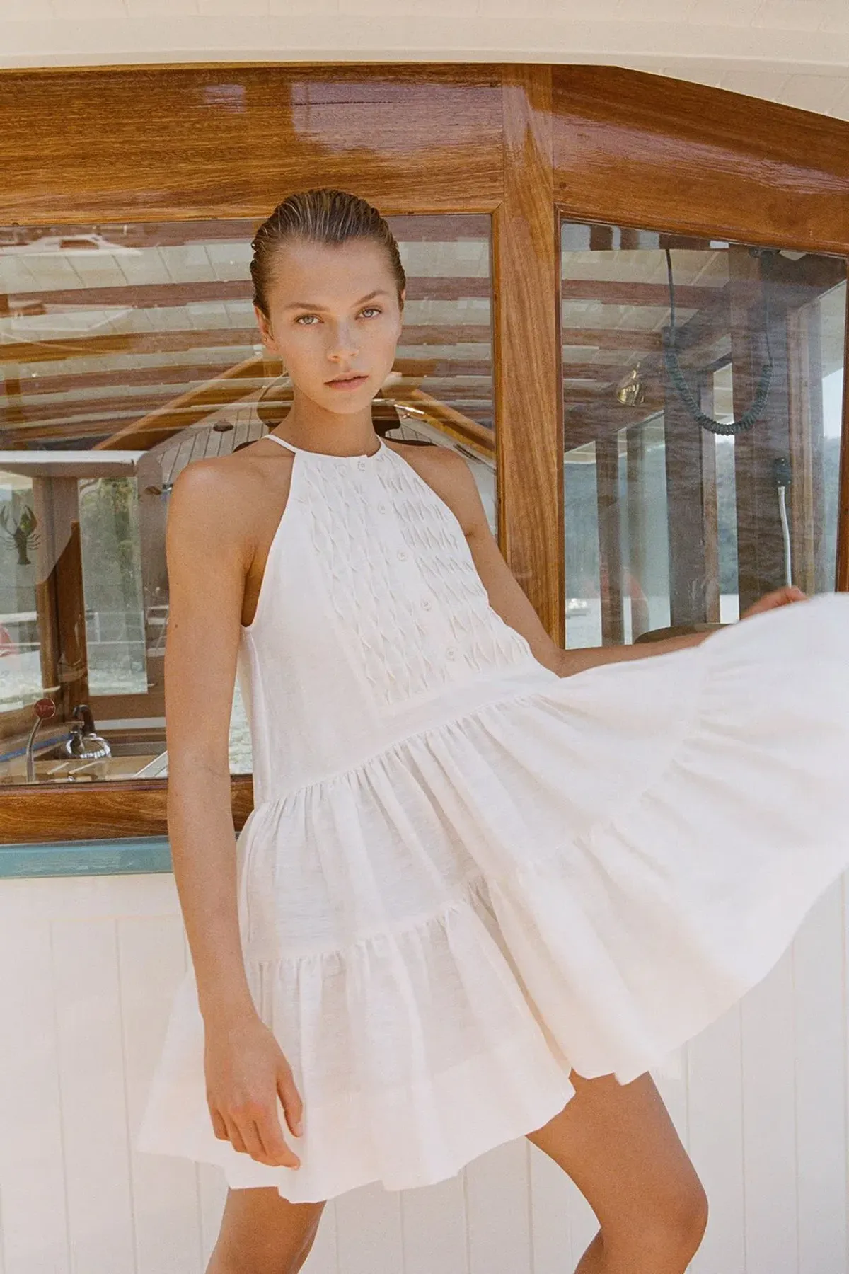 Shona Joy Margaux Linen Sleeveless Tuxedo Mini Dress Ecru Size 8 - Image 3