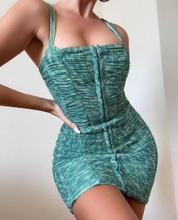 House of CB Cate Ivy Print Ruched Mesh Mini Dress Green Size M / Au 10 for rent on The Volte - image 3