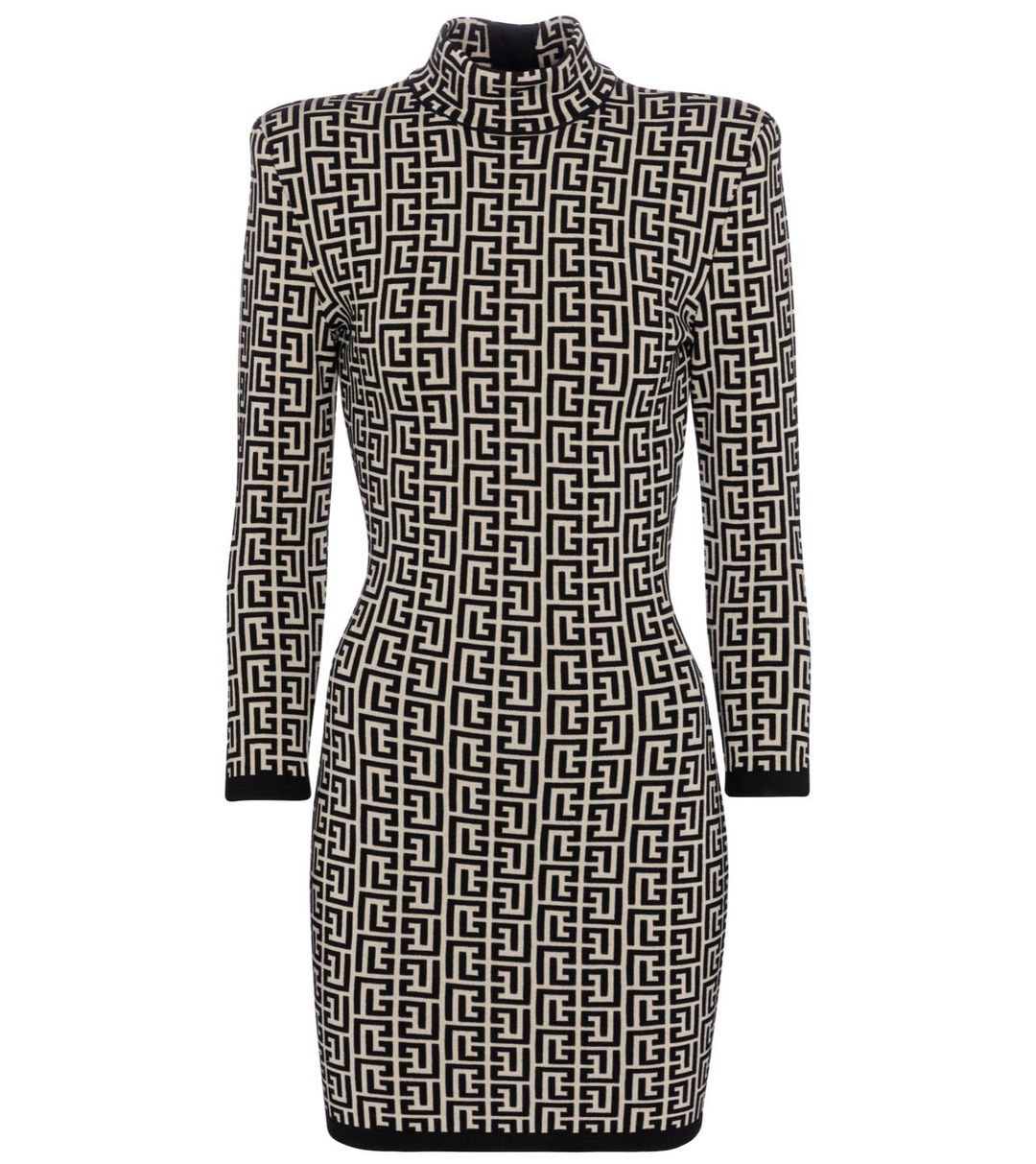 Balmain Monogram Jacquard Knitted Mini Dress Print Size 10 for rent on The Volte - main image