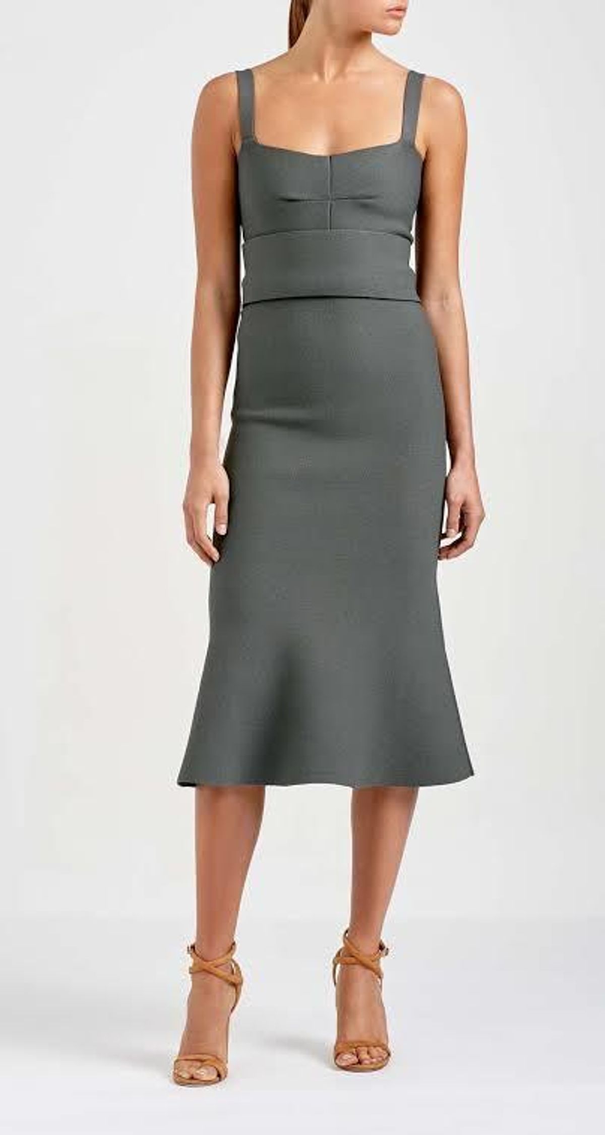 Scanlan Theodore Crepe Knit Bralette Dress Khaki Size 8 - Image 2