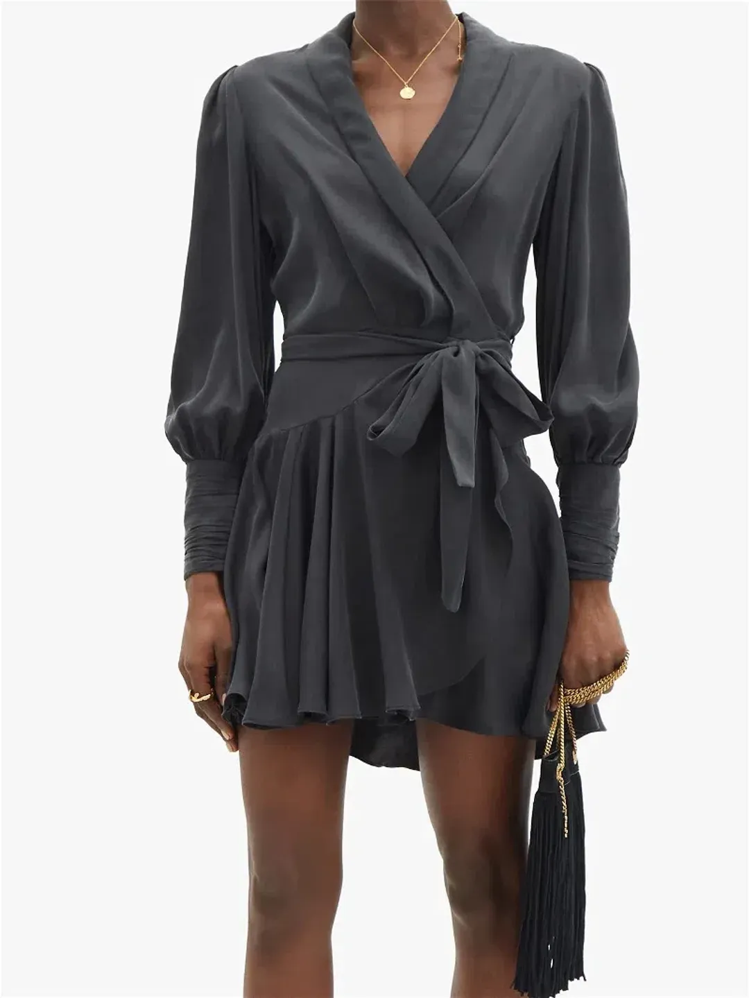 Zimmermann Belted Silk Wrap Mini Dress Black Size 8 for rent on The Volte - main image