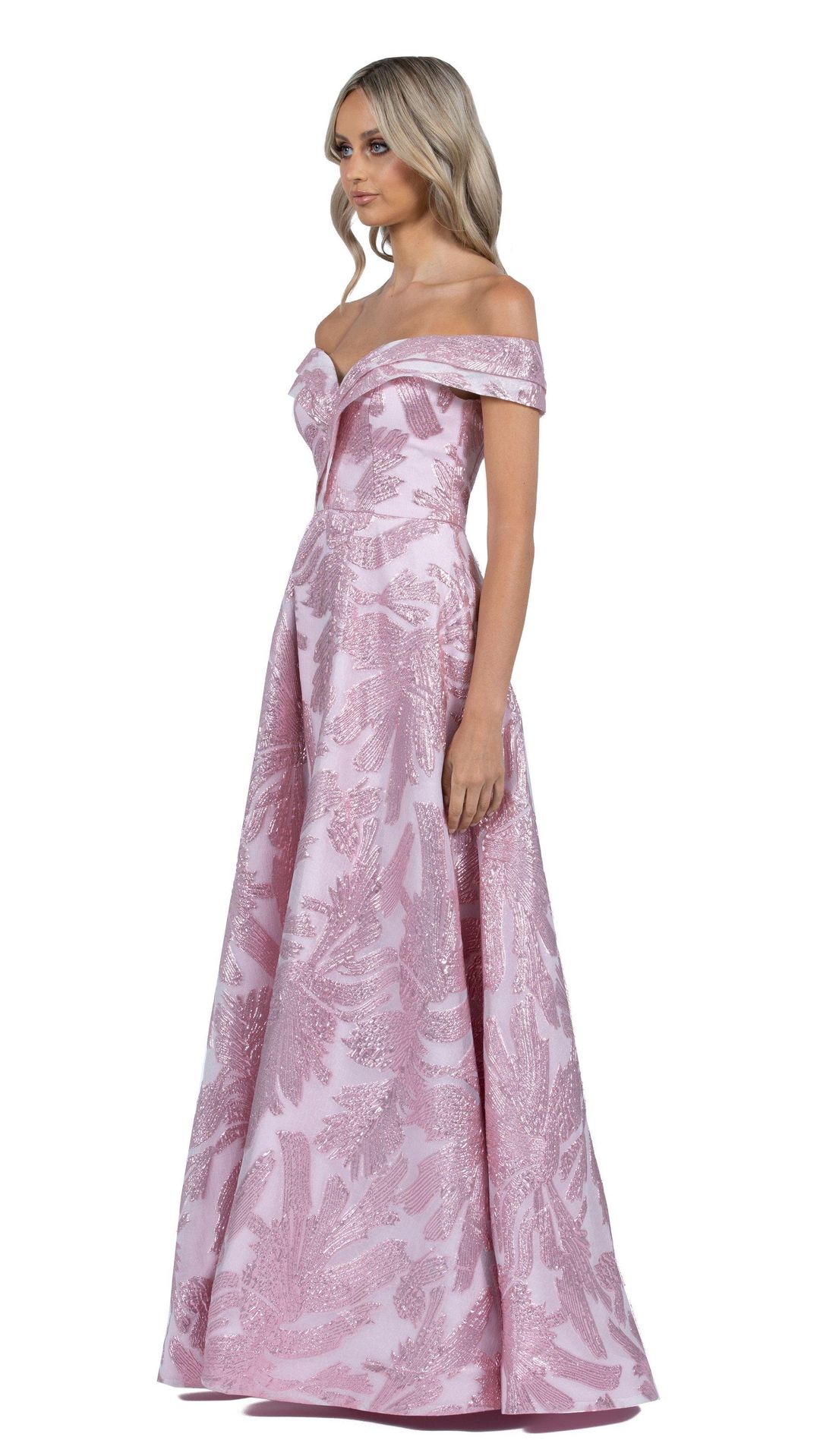Bariano Ball Gown Jacquard Off-the-Shoulder Pink Size 6 for rent on The Volte - main image