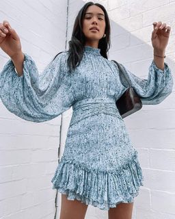 Shona Joy Harmony High Neck Ruched Mini Dress Blue Size 8 for rent on The Volte - image 3