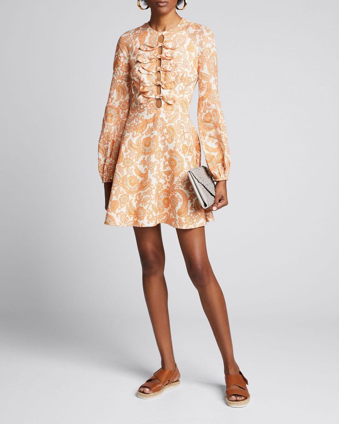 Zimmermann Peggy Tie-detailed Paisley-print Linen Mini Dress In Orange Paisley Size 01 for rent on The Volte - main image