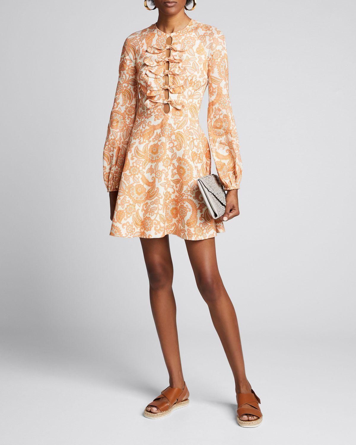 Zimmermann Peggy Tie-detailed Paisley-print Linen Mini Dress In Orange Paisley Size 01 - Image 1