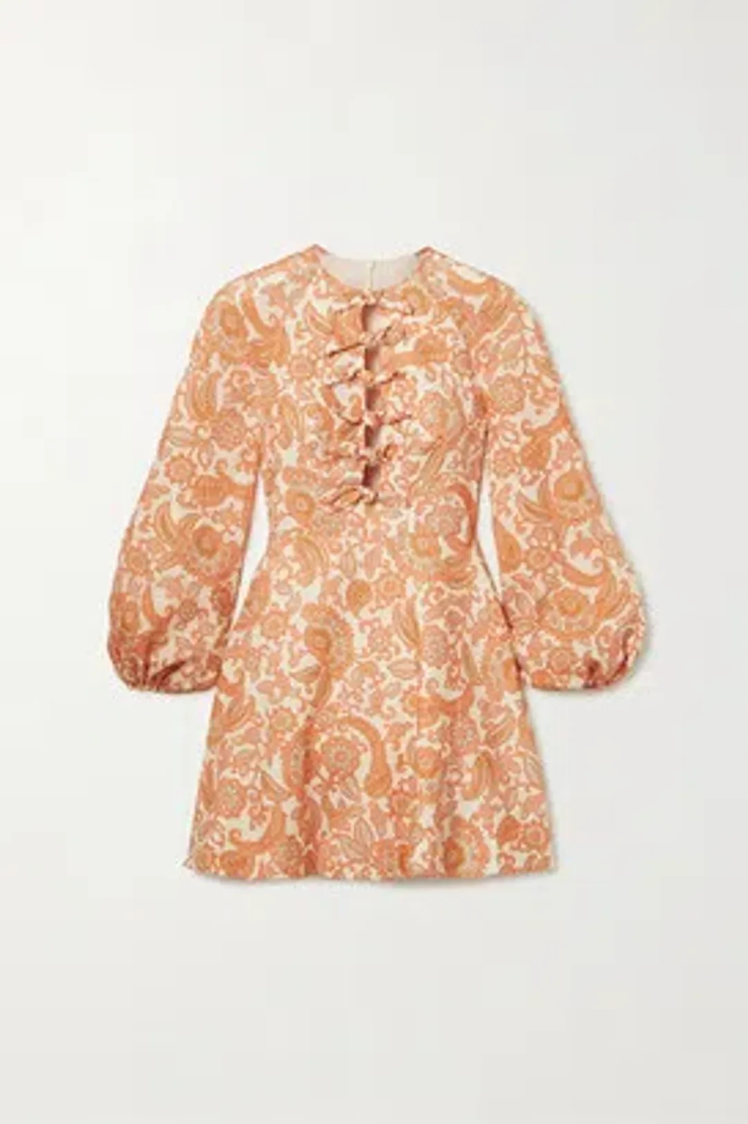 Zimmermann Peggy Tie-detailed Paisley-print Linen Mini Dress In Orange Paisley Size 01 for rent on The Volte - main image