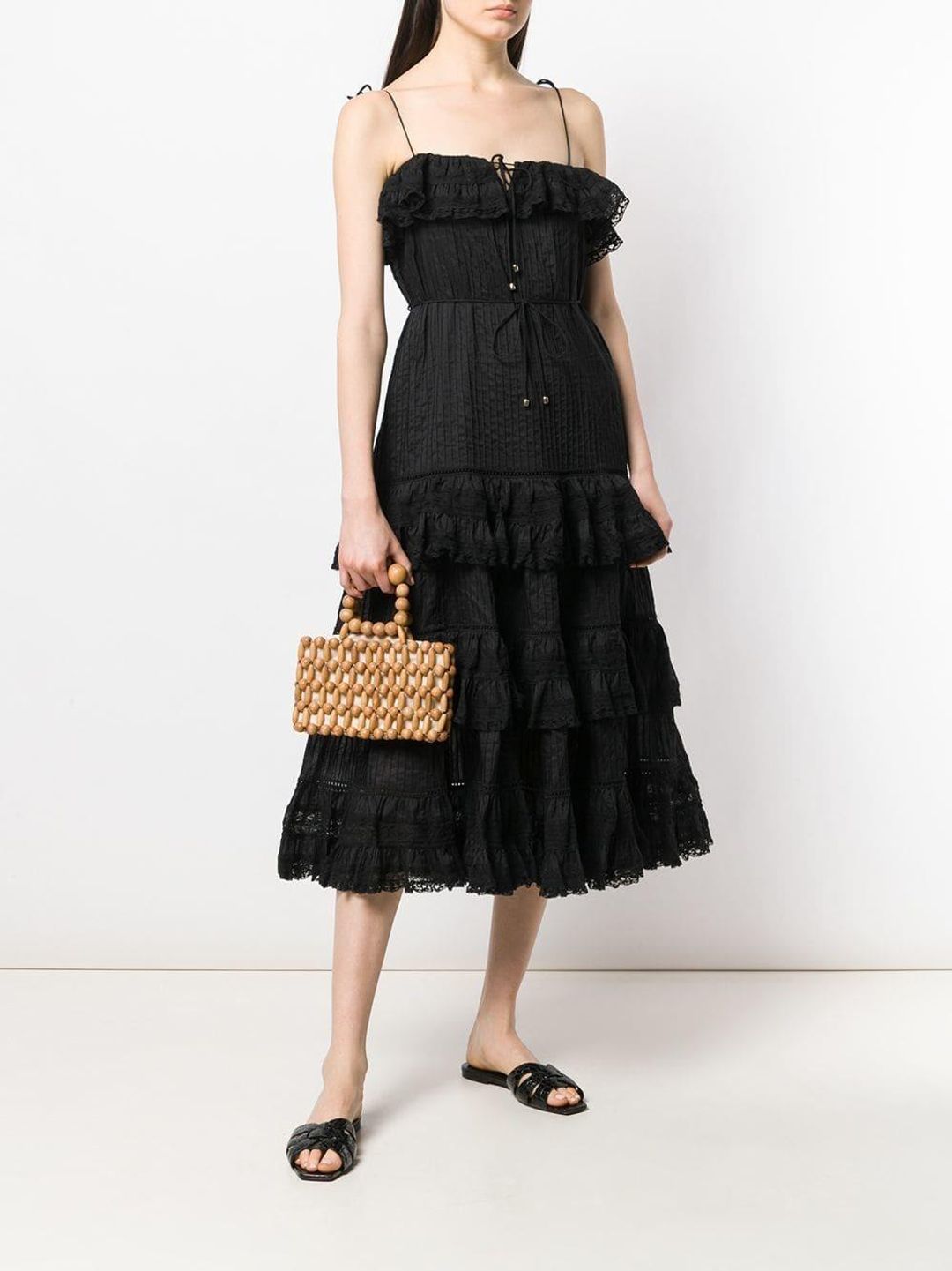 Zimmermann Juniper Black Ruffle Tie Midi Dress Black Size 6 for rent on The Volte - main image