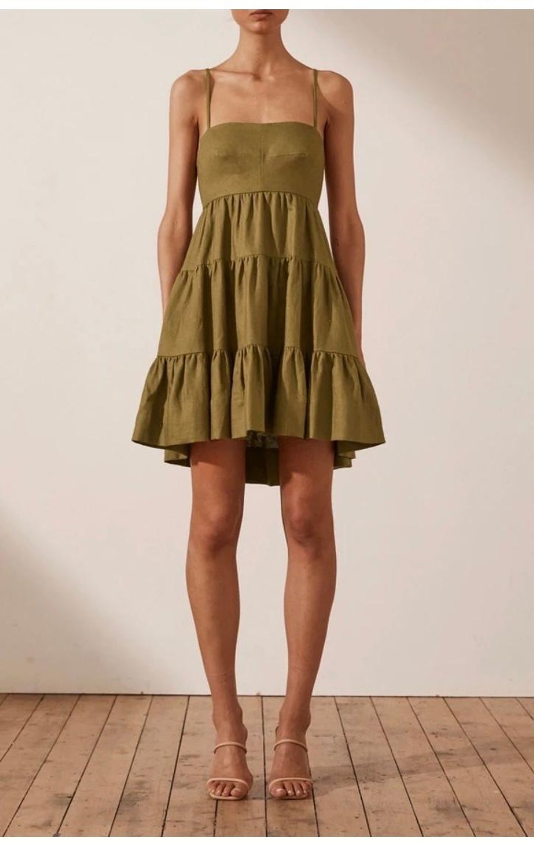 Shona Joy Lucille Linen Tiered Mini Dress Green Size 8 for rent on The Volte - main image