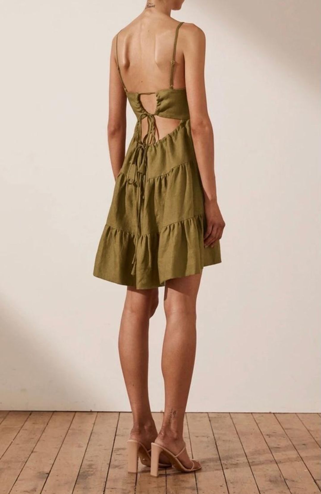 Shona Joy Lucille Linen Tiered Mini Dress Green Size 8 for rent on The Volte - main image