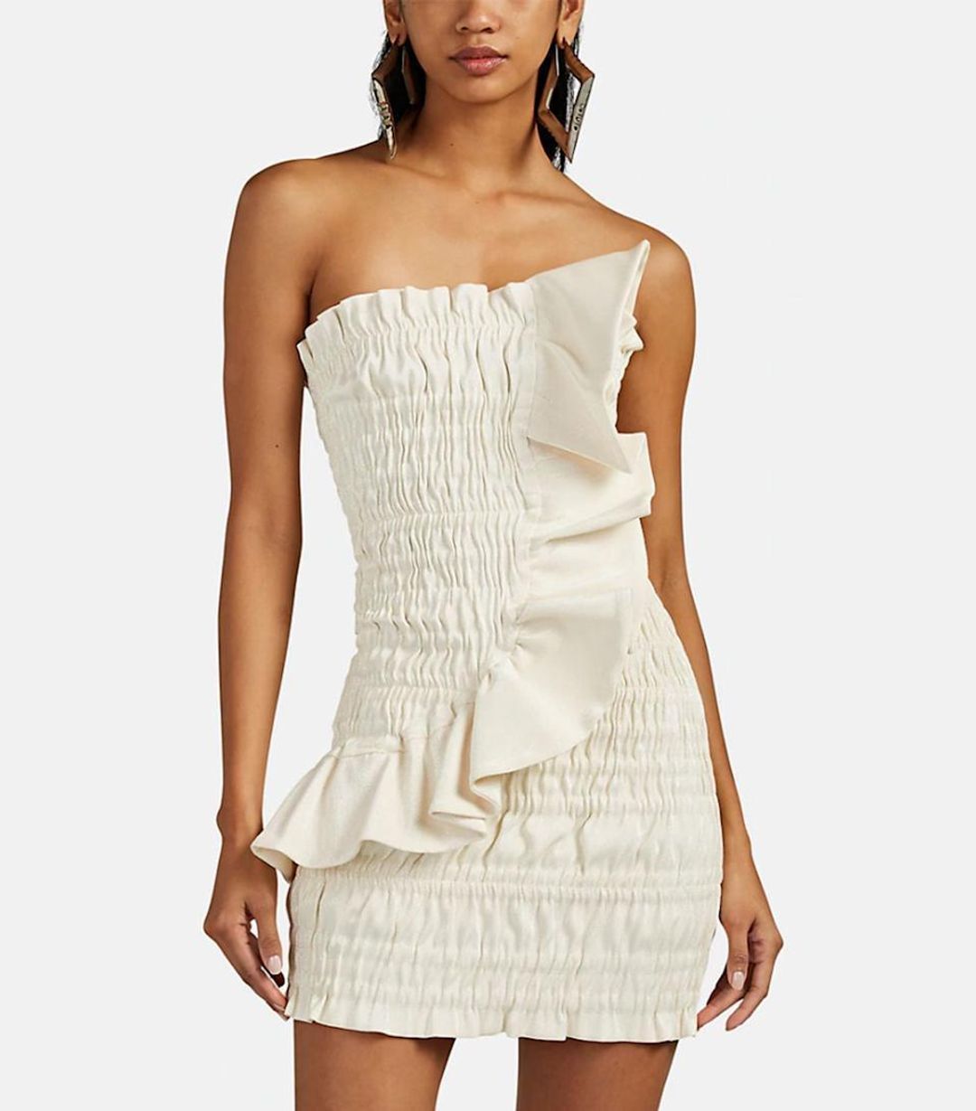 AREA NYC Metallic Ruched Ruffle Stretch Lamé Mini Dress Cream Size 8 for rent on The Volte - main image