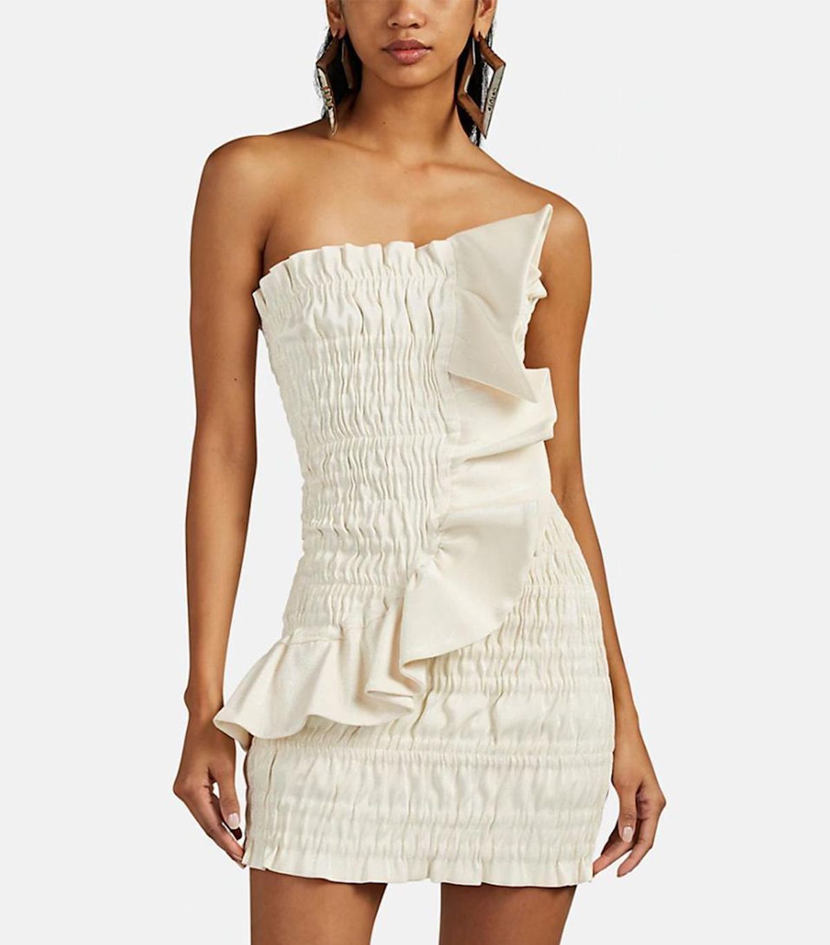 AREA NYC Metallic Ruched Ruffle Stretch Lamé Mini Dress Cream Size 8 for rent on The Volte - main image