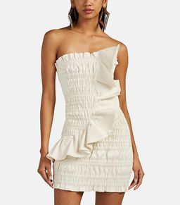 AREA NYC Metallic Ruched Ruffle Stretch Lamé Mini Dress Cream Size 8 for rent on The Volte - image 1