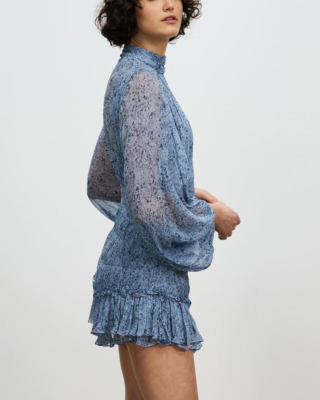 Shona Joy Harmony High Neck Ruched Mini Dress Blue Size 8 for rent on The Volte - main image