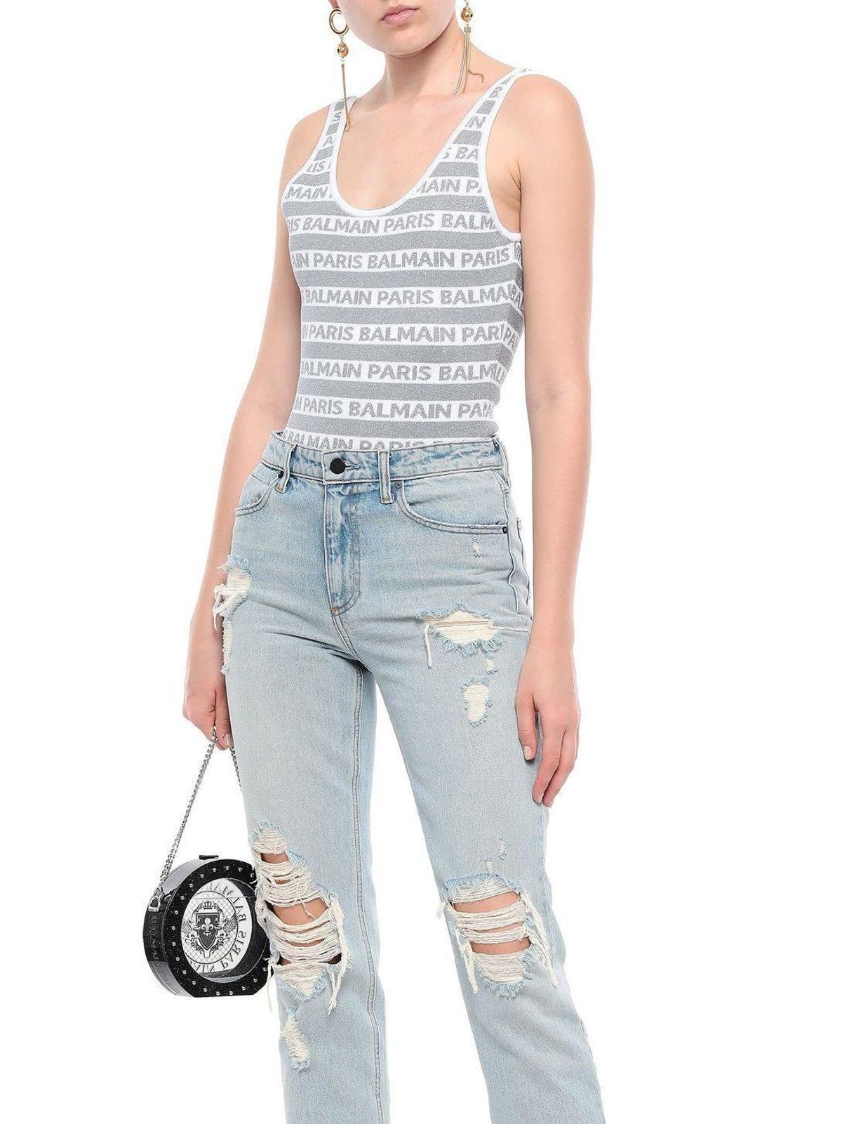 Balmain Metallic Silver Jacquard Logo Bodysuit Size 36 /XS - Image 1