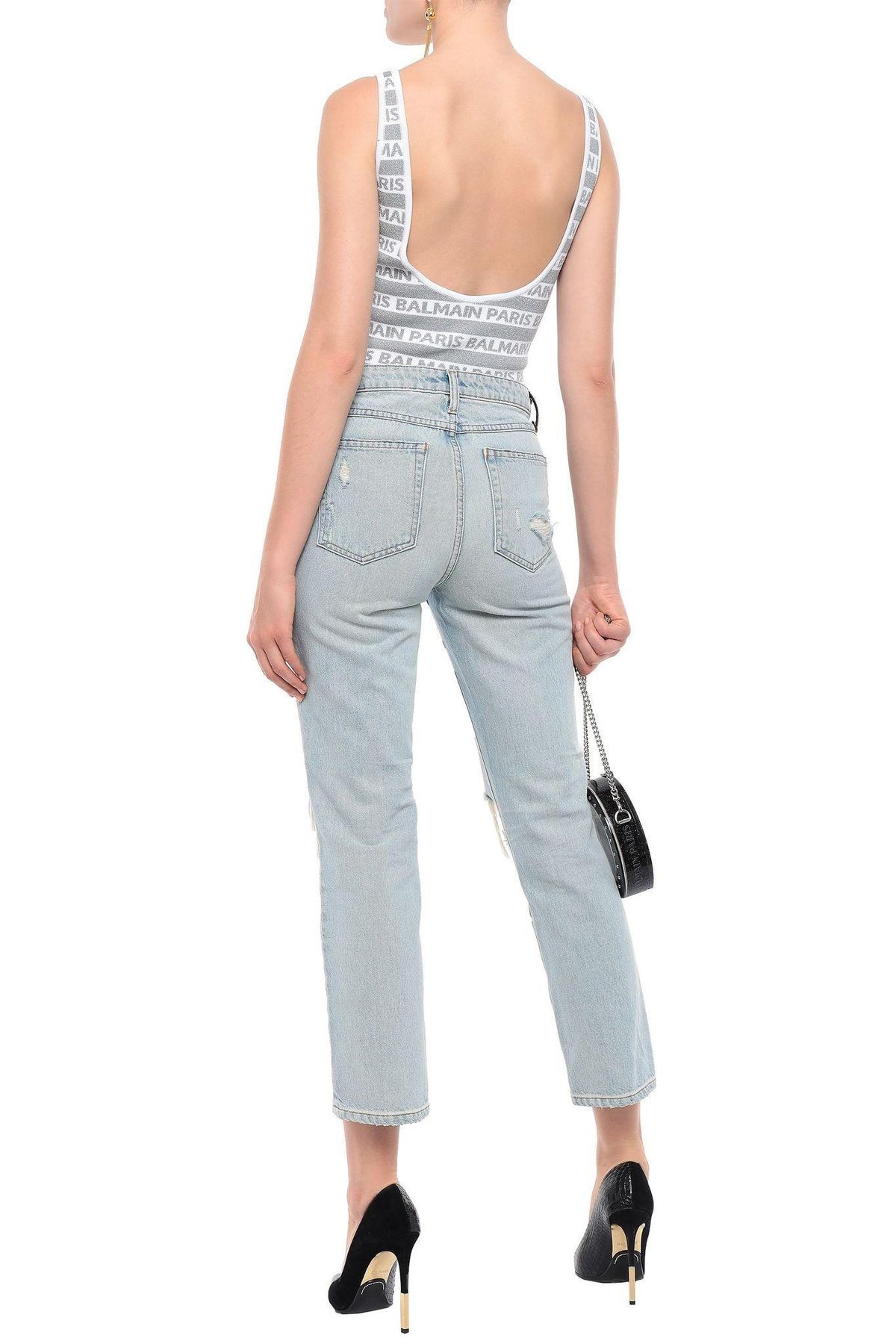 Balmain Metallic Silver Jacquard Logo Bodysuit Size 36 /XS - Image 2