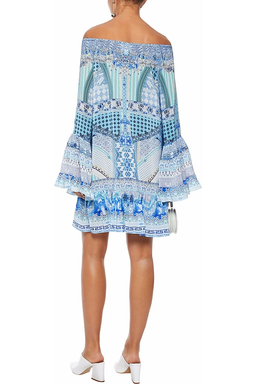 Camilla Woman Day Dreamer Off-the-shoulder Embellished Silk Crepe De Chine Mini Dress Light Blue Size 14 for rent on The Volte - image 3