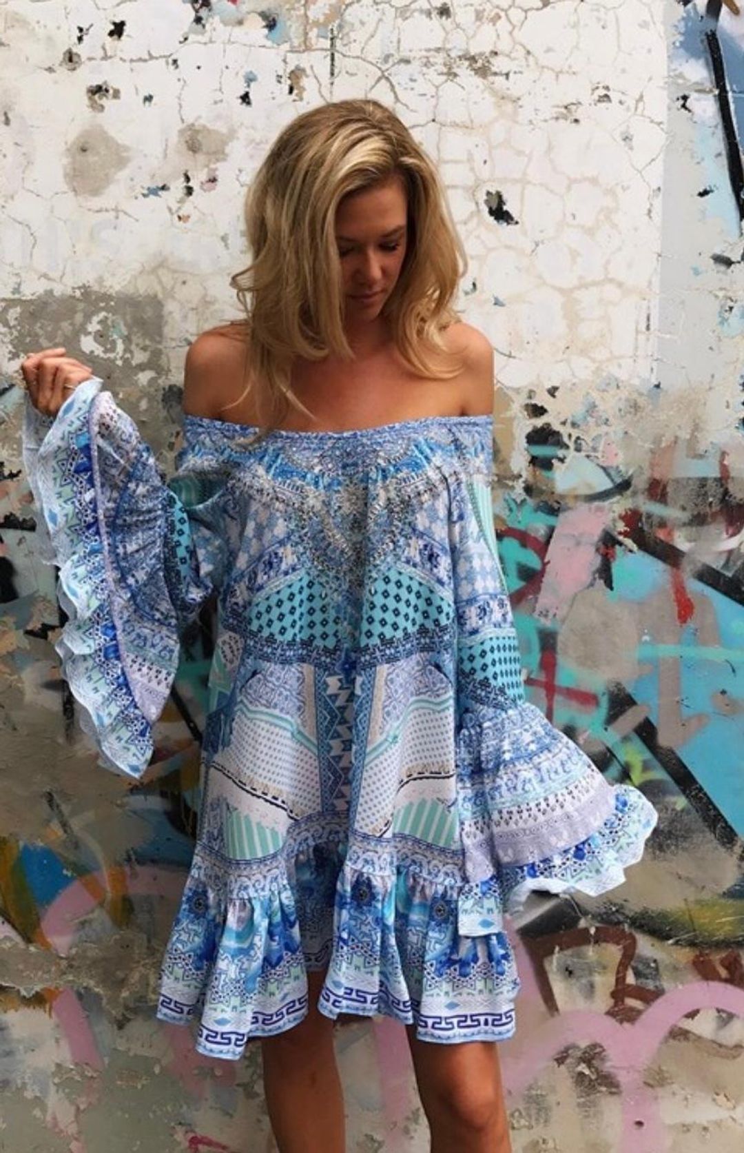 Camilla Woman Day Dreamer Off-the-shoulder Embellished Silk Crepe De Chine Mini Dress Light Blue Size 14 for rent on The Volte - main image