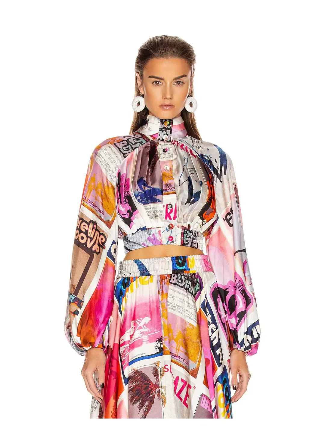 Zimmermann Wavelength High Collar Blouse in Pink Poster Print Size 1 /AU 10 for rent on The Volte - main image