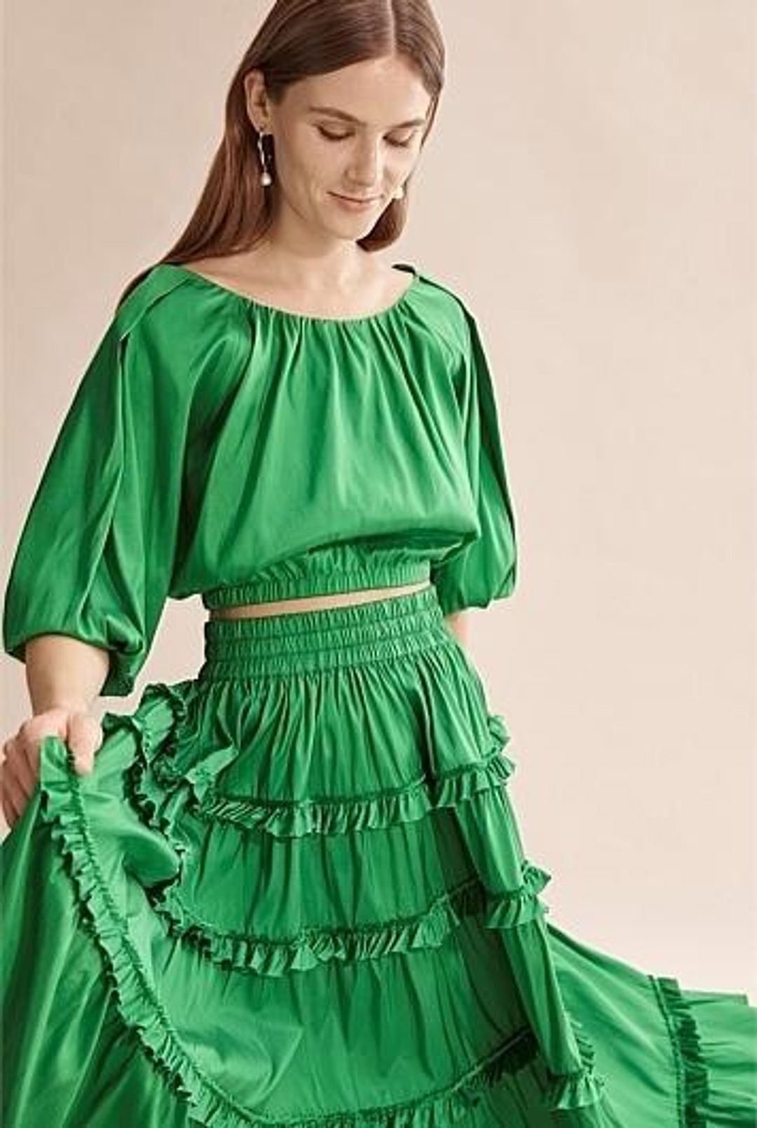 Country Road Green Silk Tiered Skirt Size 8 (Never worn) for rent on The Volte - main image
