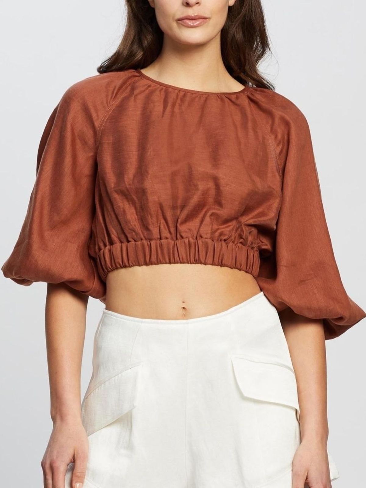 Shona Joy Elsa Balloon Sleeve Crop Top Brown Size 12 - Image 2