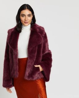 Unreal Fur Madam Butterfly Jacket Wine Size 10 for rent on The Volte - image 1