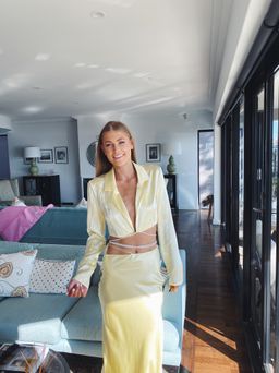 Michael Lo Sordo Silk Wrap Crystal Crop Shirt and Skirt Set Yellow Size 6 for rent on The Volte - image 2