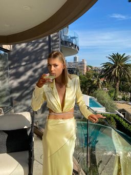 Michael Lo Sordo Silk Wrap Crystal Crop Shirt and Skirt Set Yellow Size 6 for rent on The Volte - image 1