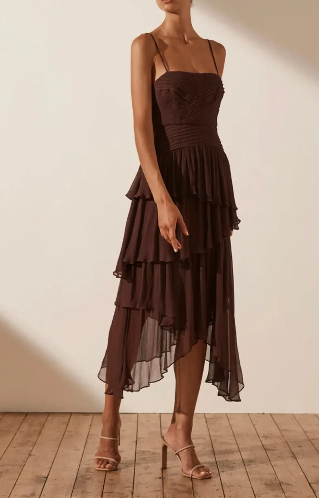Shona Joy Olympia Pin Tuck Frill Midi Dress - Chocolate for rent on The Volte - main image
