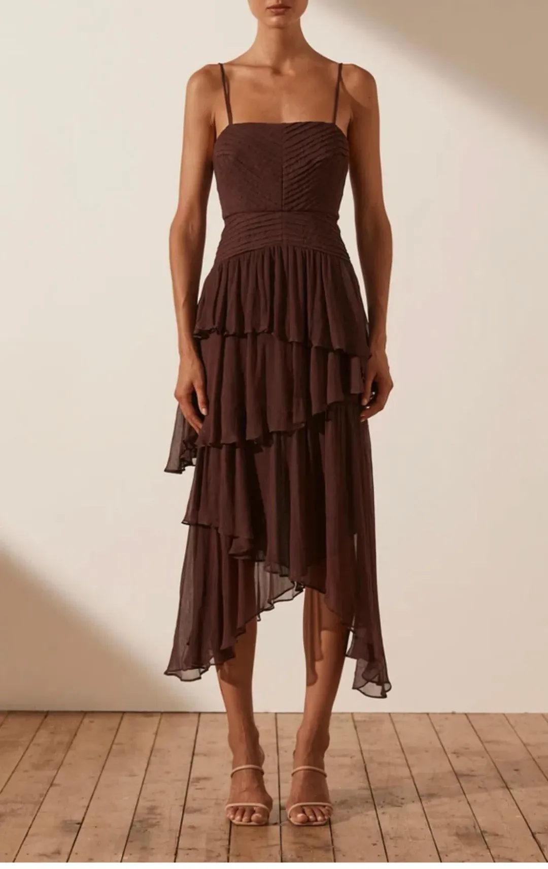 Shona Joy Olympia Pin Tuck Frill Midi Dress - Chocolate for rent on The Volte - main image
