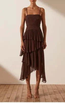 Shona Joy Olympia Pin Tuck Frill Midi Dress - Chocolate for rent on The Volte - image 1