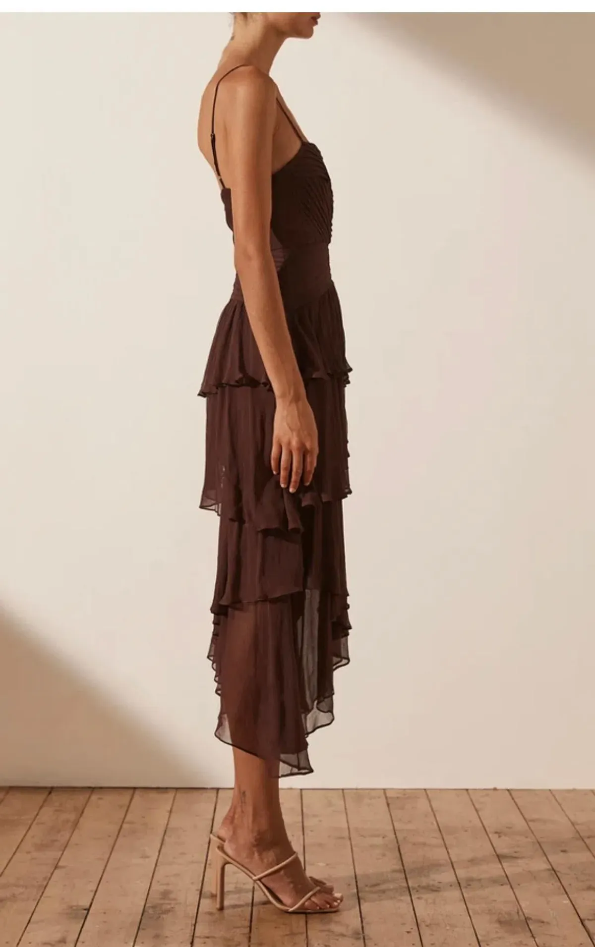 Shona Joy Olympia Pin Tuck Frill Midi Dress - Chocolate - Image 2