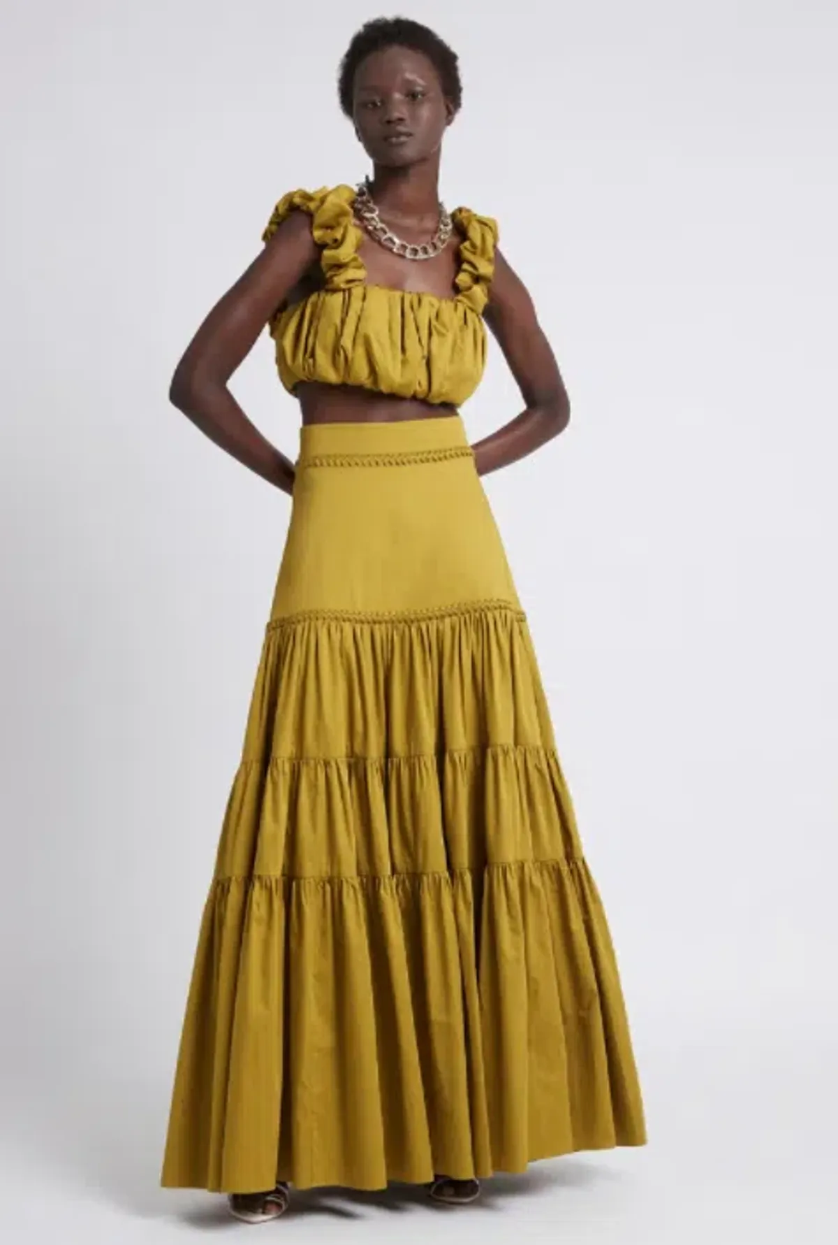 Aje Medina Cropped Top and Casabianca Tiered Skirt Set Yellow Size 8 - Image 1