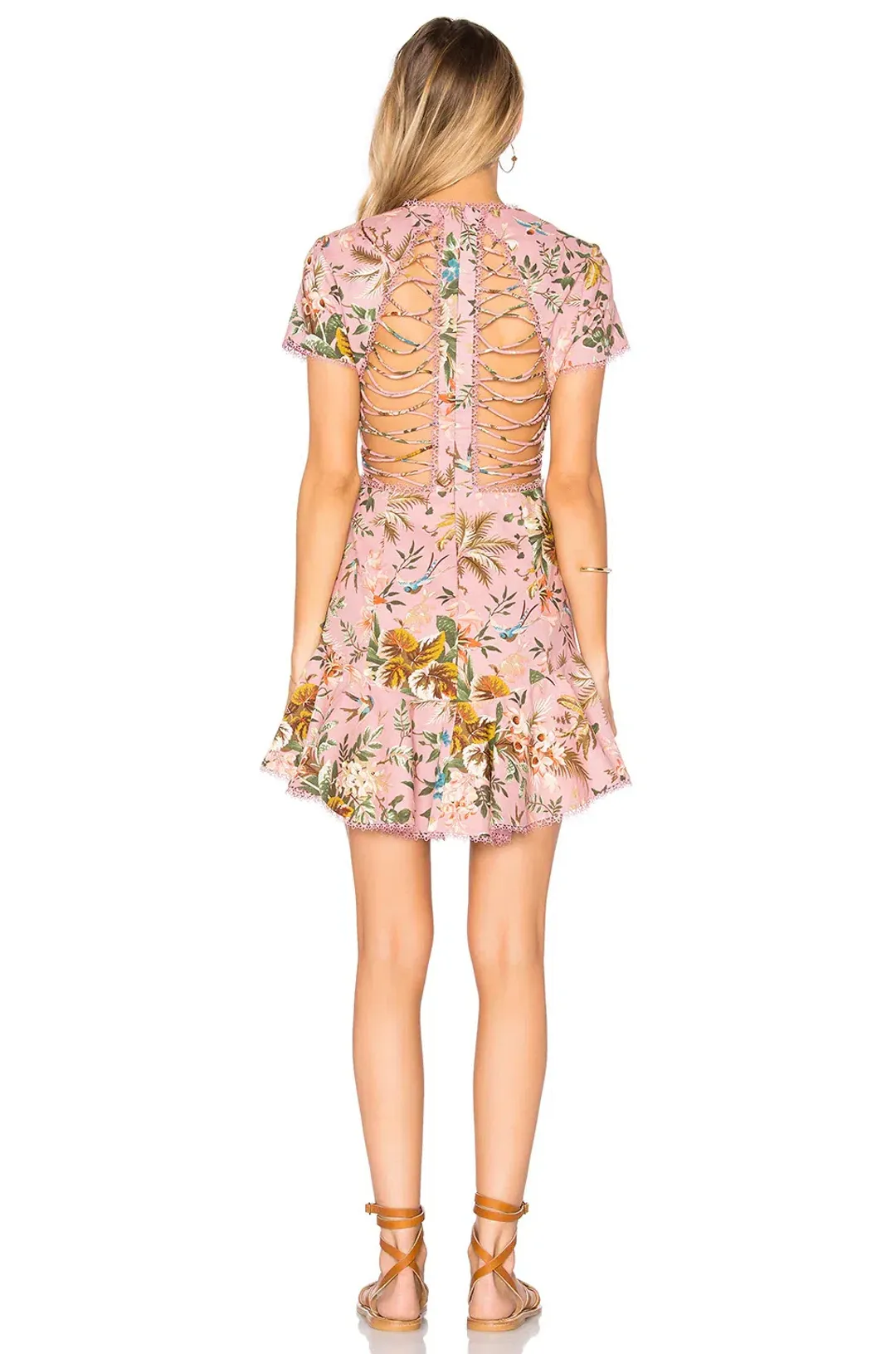Zimmermann Tropicale Lattice Mini Dress in Pink Floral Size 0 / AU 8 for rent on The Volte - main image