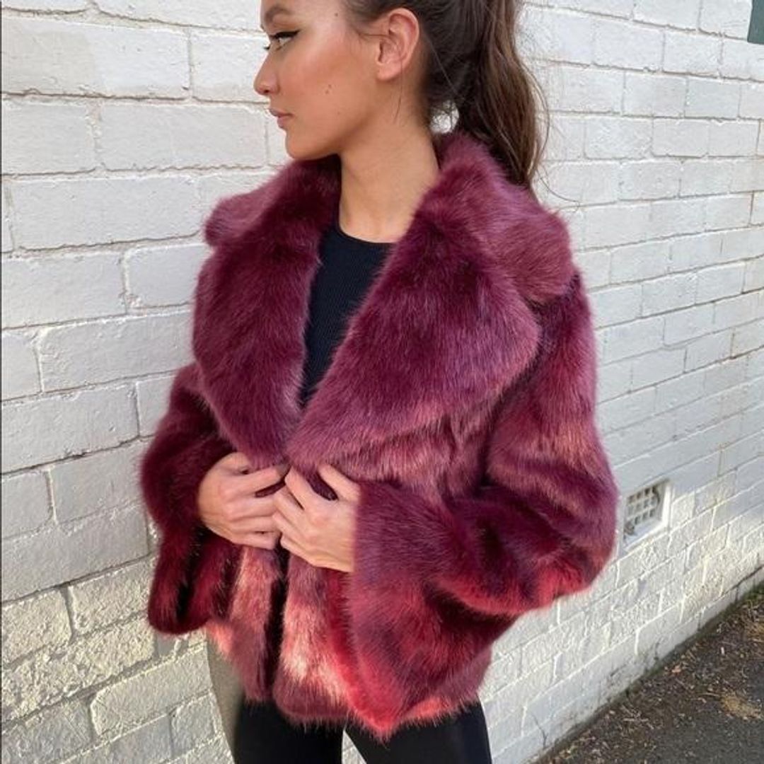 Unreal Fur Madame Butterfly Faux Fur Jacket Wine Size M for rent on The Volte - main image