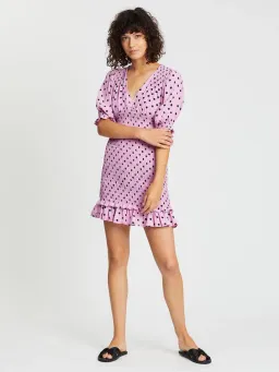 FAITHFULL THE BRAND Womens Purple Polka Dot Pouf Short Sheath Dress for rent on The Volte - image 1
