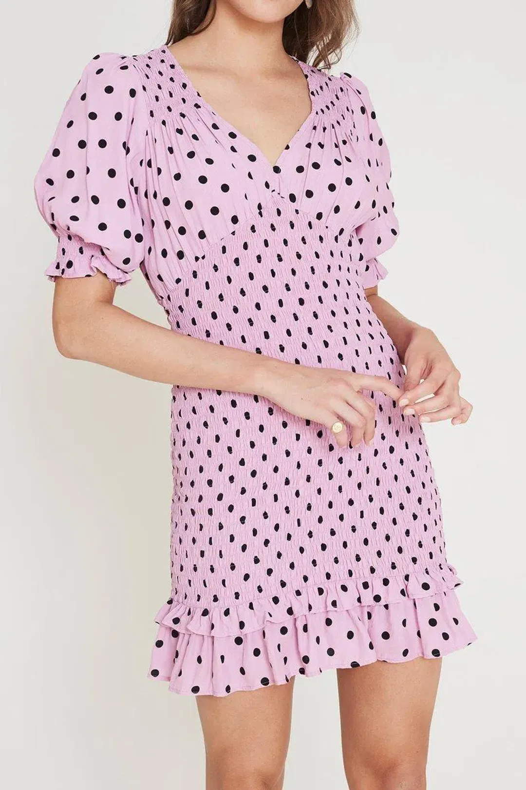 FAITHFULL THE BRAND Womens Purple Polka Dot Pouf Short Sheath Dress for rent on The Volte - main image