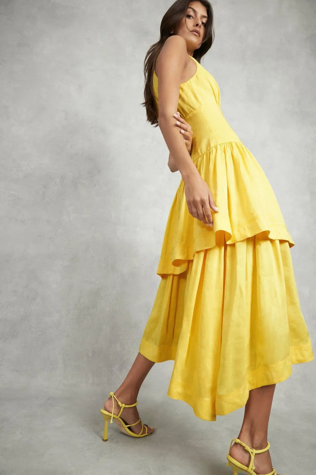 Aje Caliente Tiered Cut Out Dress Yellow Size 8 for rent on The Volte - main image