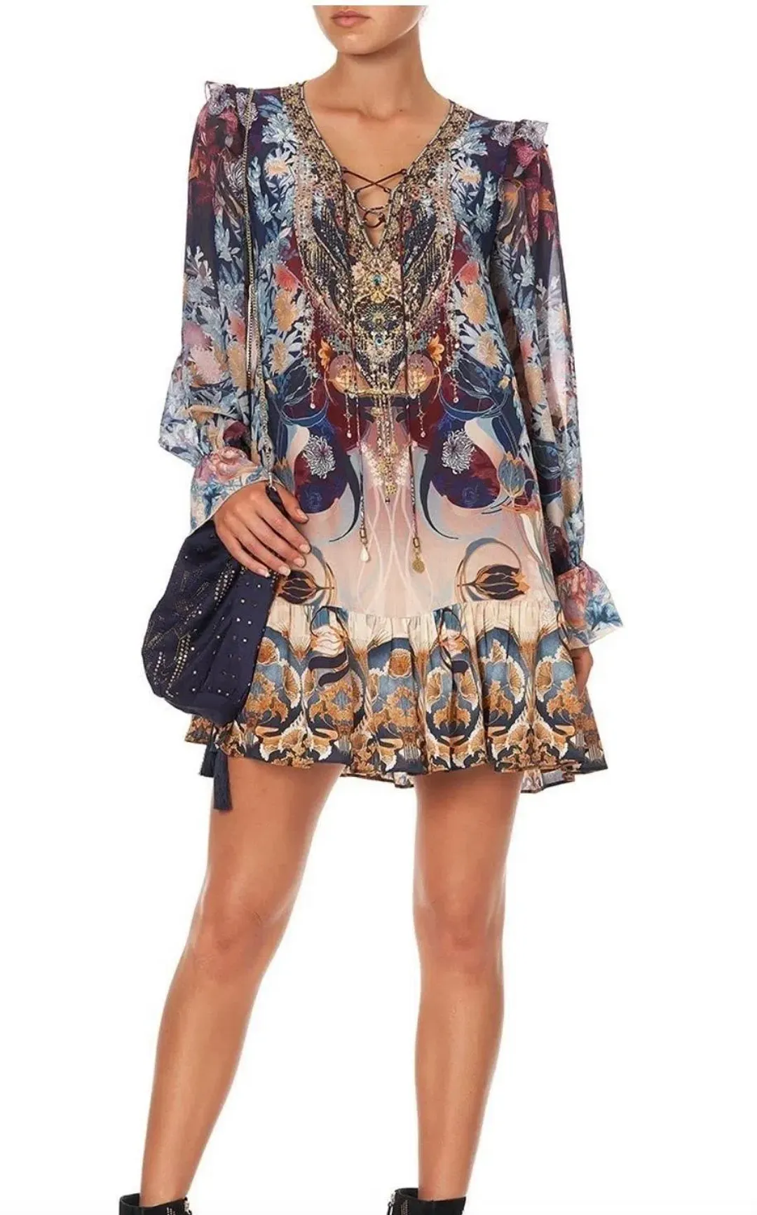 Camilla Nouveau Nights Ruffle Lace Up Dress Print Size XXL for rent on The Volte - main image